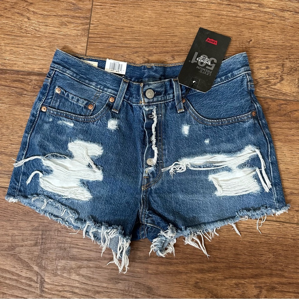 Levi's 501 Ripped Jean Shorts - Dark Blue